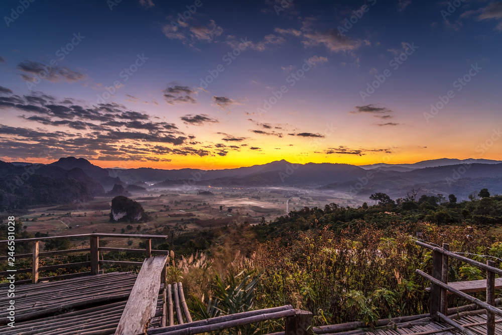 Clouds , Sunrise and Misty with Mountain Background , Landscape at Phu Langka National Park, Payao Province, Thailand.