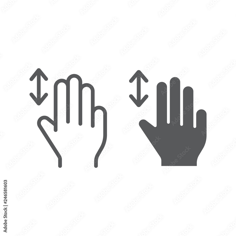 Three fingers vertical scroll line and glyph icon, gesture and hand, flick sign, vector graphics, a linear pattern on a white background. Three fingers vertical scroll line and glyph icon, gesture and hand, flick sign, vector graphics, a linear pattern on a white background.