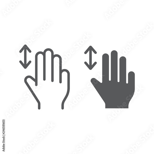 Three fingers vertical scroll line and glyph icon, gesture and hand, flick sign, vector graphics, a linear pattern on a white background.