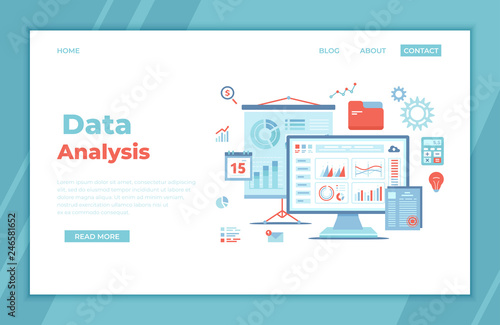 Data Analysis, Accounting, Analytics, Report, Research, Planning. Charts, diagrams, graphs on the monitor screen, projector screen landing page template or web banner.