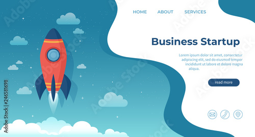 Business startup, financial planning, idea, strategy, management, realization and success. For website and mobile development. Landing page template. Rocket launch on the clouds and blue sky. Vector 