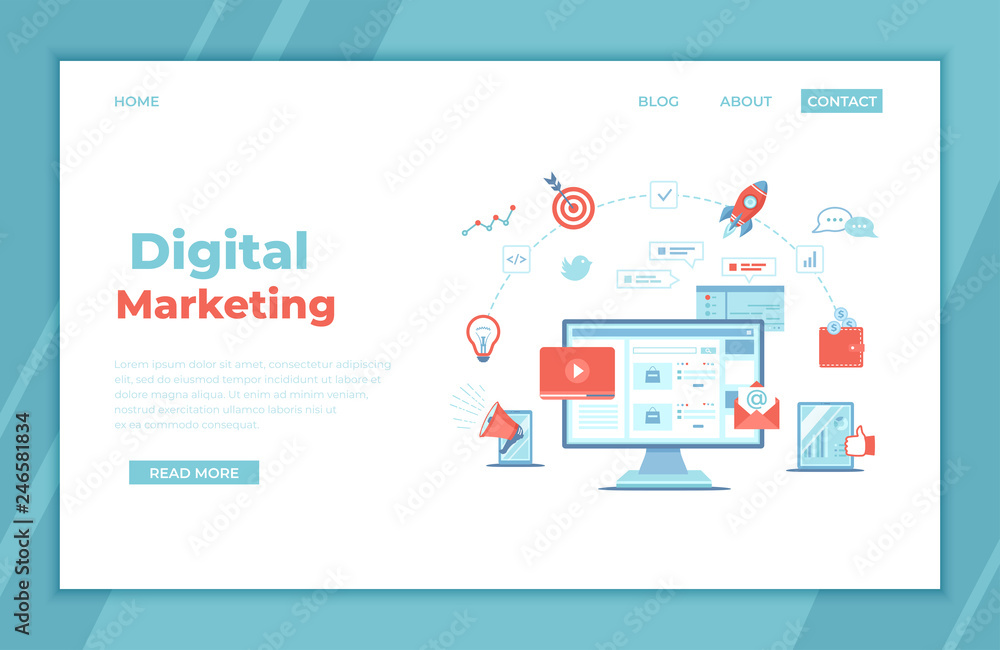 Digital Marketing concept. Landing page template. Business analysis, targeting, management. Social network and media communication. SEO, SEM. Vector illustration. 