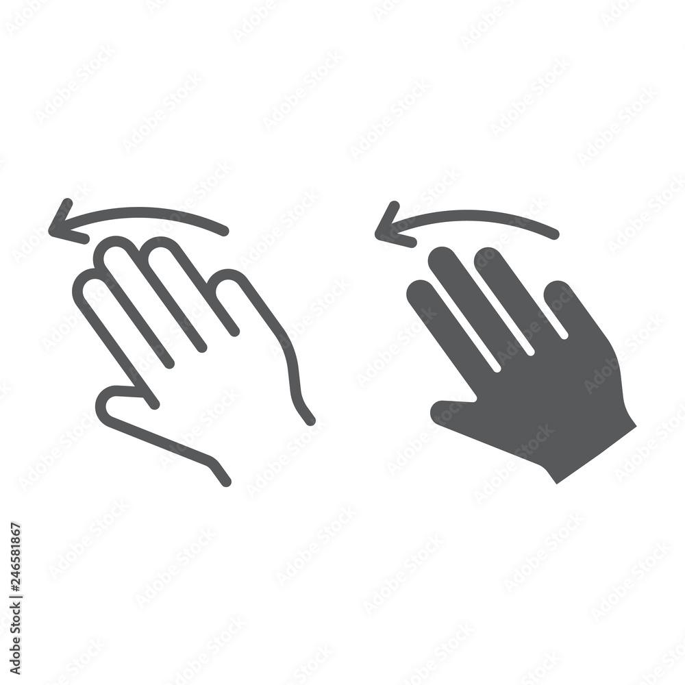 Three fingers flick left line and glyph icon, gesture and hand, click sign, vector graphics, a linear pattern on a white background. Three fingers flick left line and glyph icon, gesture and hand, click sign, vector graphics, a linear pattern on a white background.