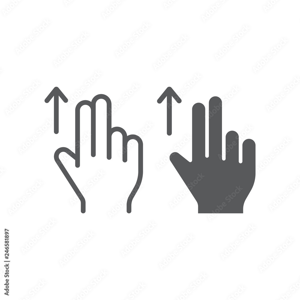 Two finger drag up line and glyph icon, gesture and hand, flick sign, vector graphics, a linear pattern on a white background. Two finger drag up line and glyph icon, gesture and hand, flick sign, vector graphics, a linear pattern on a white background.