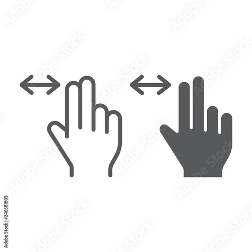 Two finger horizontal scroll line and glyph icon, gesture and hand, press sign, vector graphics, a linear pattern on a white background.