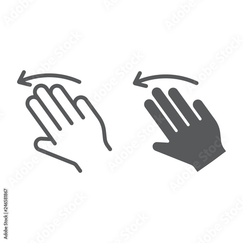 Three fingers flick left line and glyph icon, gesture and hand, click sign, vector graphics, a linear pattern on a white background.