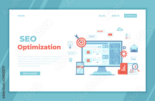 Search engine optimization, SEO, analytics, analysis, targeting, data monitoring, digital marketing. Monitor and phone with search results website on the screen. landing page template or web banner.