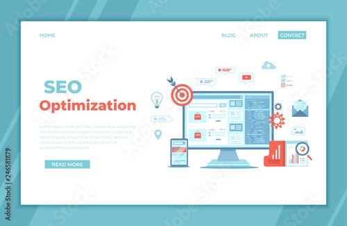 Search engine optimization, SEO, analytics, analysis, targeting, data monitoring, digital marketing. Monitor and phone with search results website on the screen. landing page template or web banner.