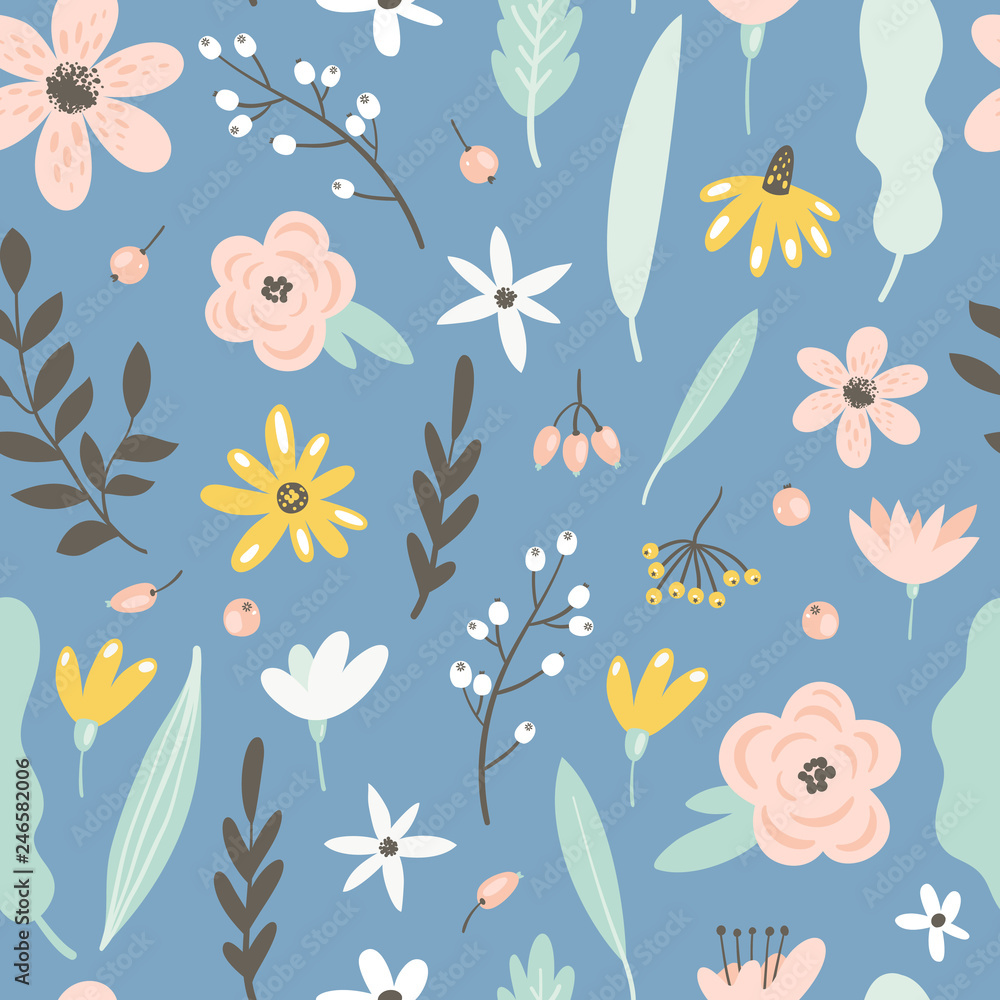 Seamless pattern with flowers, leaves and berries. Vector spring template. Design for paper, cover, fabric, interior decor Seamless pattern with flowers, leaves and berries. Vector spring template. Design for paper, cover, fabric, interior decor