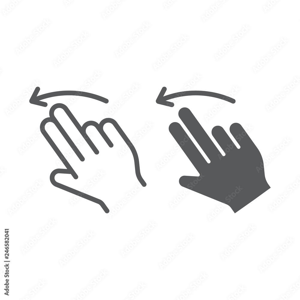 Two finger flick left line and glyph icon, gesture and hand, swipe sign, vector graphics, a linear pattern on a white background.