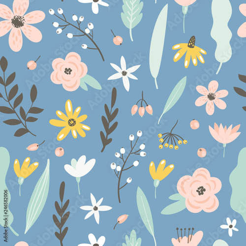 Seamless pattern with flowers  leaves and berries. Vector spring template. Design for paper  cover  fabric  interior decor