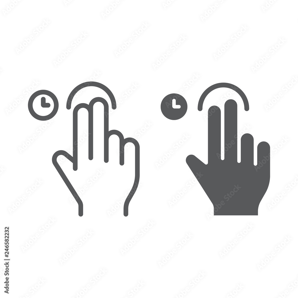 Two fingers touch and hold line and glyph icon, gesture and hand, swipe sign, vector graphics, a linear pattern on a white background. Two fingers touch and hold line and glyph icon, gesture and hand, swipe sign, vector graphics, a linear pattern on a white background.