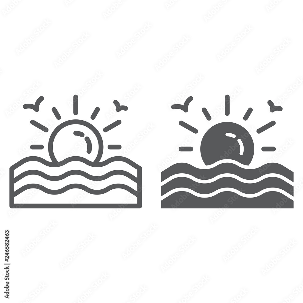 Sunset line and glyph icon, sunrise and ocean, sun sign, vector graphics, a linear pattern on a white background. Sunset line and glyph icon, sunrise and ocean, sun sign, vector graphics, a linear pattern on a white background.