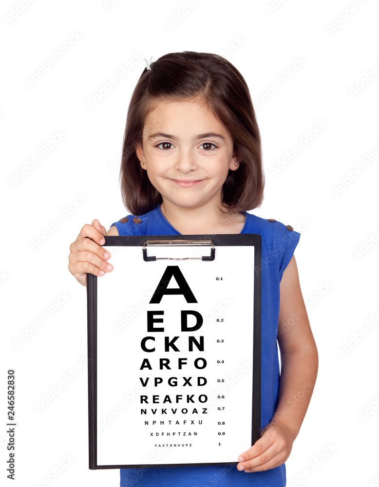 Beautiful child holding a vision exam chart Beautiful child holding a vision exam chart