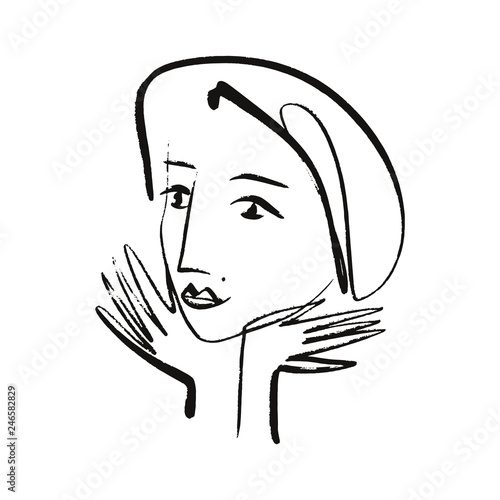 Vector simple hand drawn black and white trendy line portrait art. Monochrome print for clothes, textile and other. EPS