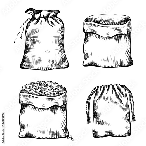 Set of black and white illustrations of hand drawn canvas bags. Objects separate from the background. Vector line art for menus, recipes, articles and your design.