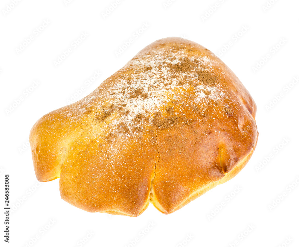 Bun with cinnamon icing sugar on white background Bun with cinnamon icing sugar on white background