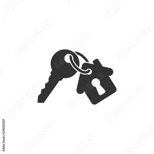 Keychain with key ring and a pendant house locket. Key chain with house with keyhole locket vector icon.