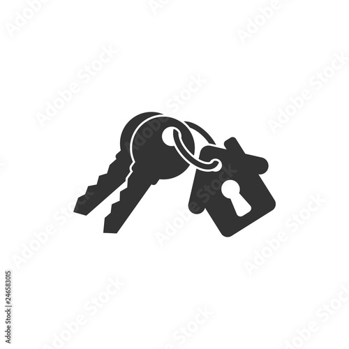 Keychain with key ring, two keys and a pendant house locket. Key chain with house with keyhole locket vector icon.