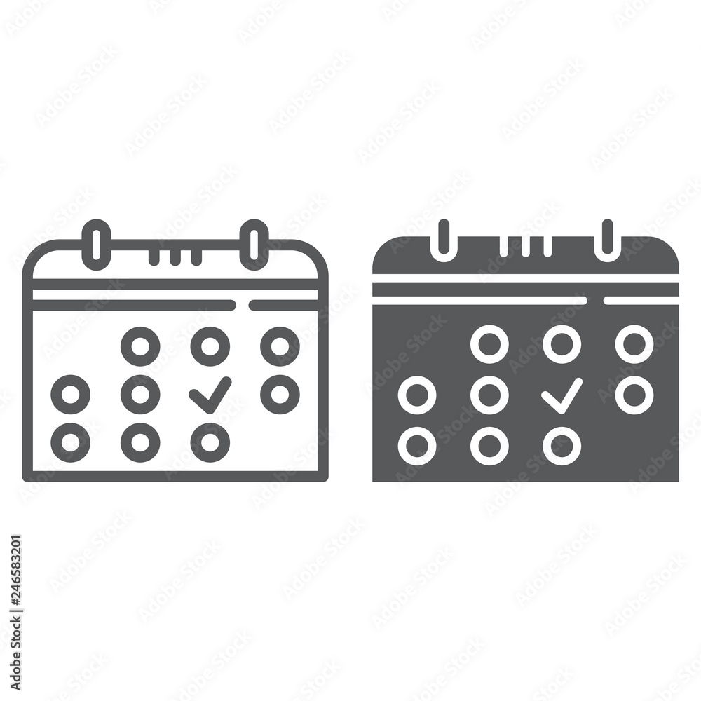 Calendar line and glyph icon, month and date, reminder sign, vector graphics, a linear pattern on a white background. Calendar line and glyph icon, month and date, reminder sign, vector graphics, a linear pattern on a white background.