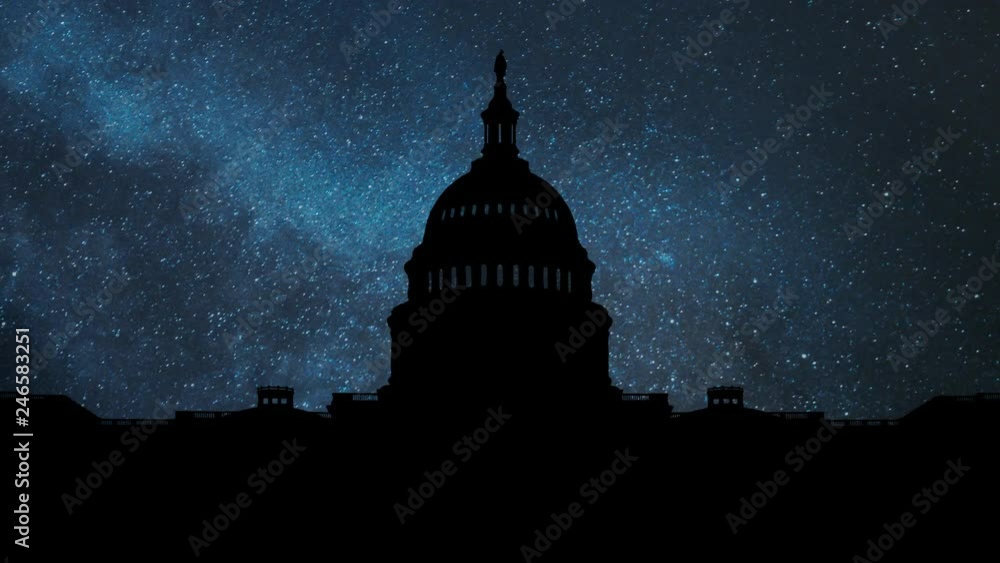 Washington DC: The United States Capitol Building in Silhouette with Stars and Milky Way, USA Washington DC: The United States Capitol Building in Silhouette with Stars and Milky Way, USA