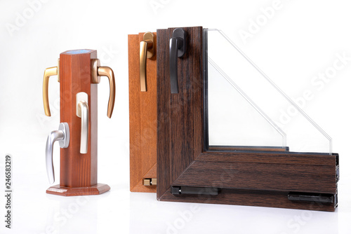  plastic window in a section with handles.Window systems for houses.Open Plastic Window profile isolated close up 