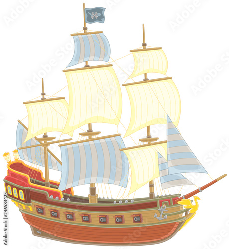 Old sea pirate sailing ship with guns and a black flag of Jolly Roger with bones on a main mast, vector illustration in a cartoon style