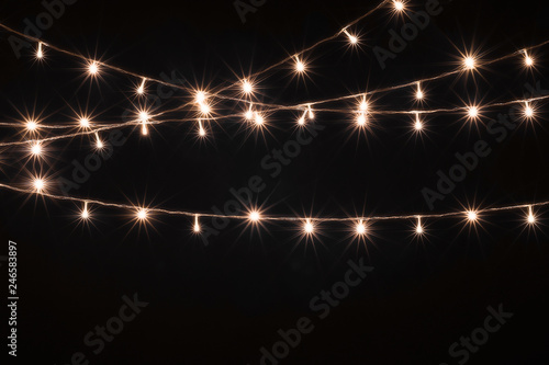 Christmas Lights, Garland with Small  Led Lamps Shining on Black Background. photo