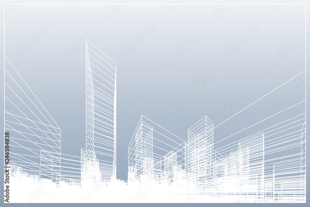 Abstract wireframe city background. Perspective 3D render of building wireframe. Vector. Abstract wireframe city background. Perspective 3D render of building wireframe. Vector.