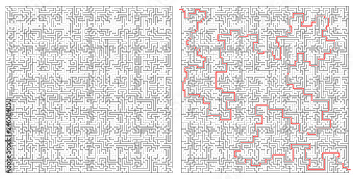 Large maze conundrum and maze solving scheme. Vector illustration.