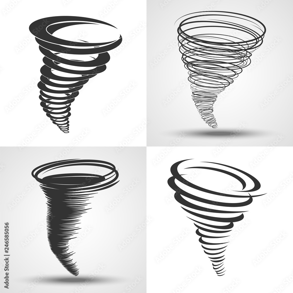 Tornado. Weather conditions symbols - natural disaster, hurricane wind. Four  tornado icons in different styles. Stock Vector | Adobe Stock