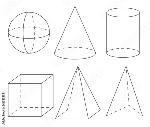 Volume geometric shapes: sphere, cone, cylinder, cube, pyramid.  Set of vector illustrations. photo