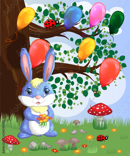 Blue bunny with a bouquet on a forest glade. Spring  love  postcard