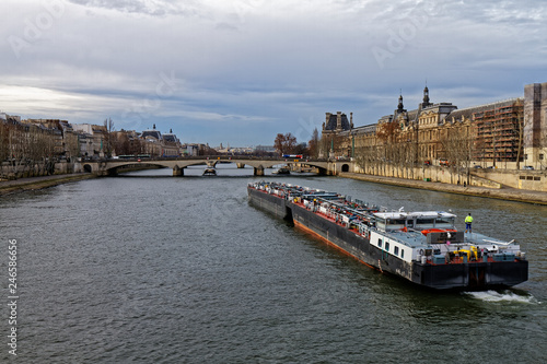 18 DEC 2018 - Paris, France - Barge coming down the Seine river