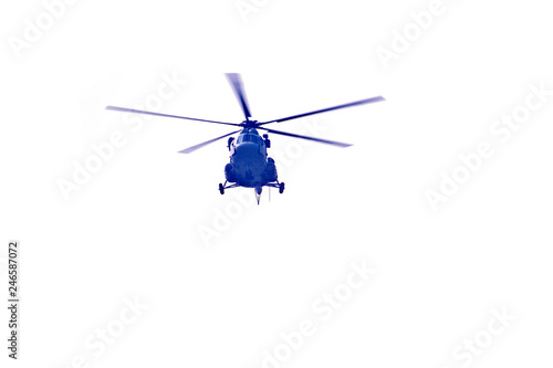 Helicopter is flying against isolated white background © suman