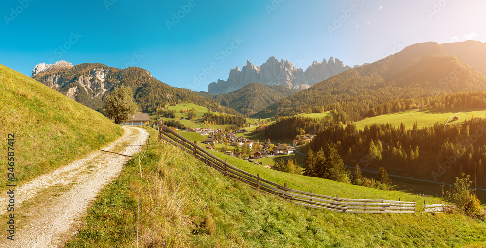 Santa Maddalena village in Funes Valley in Dolomites Alps, Travel in Italy concept