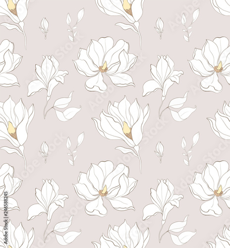 Seamless pattern, hand drawn white magnolia blossom.