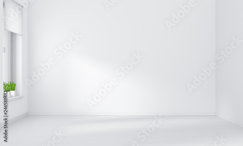 Light from window and empty white room interior for mockup, 3D rendering