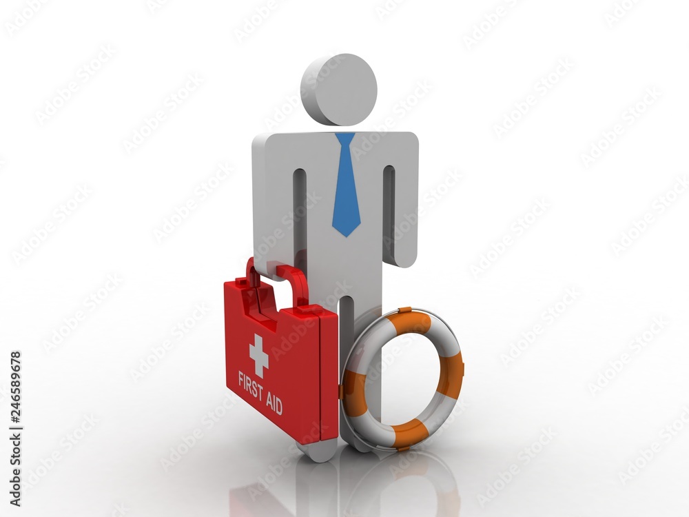 3D illustration First Aid Kit with lifebelt holding doctor