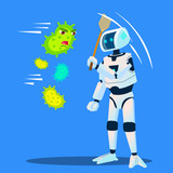 Robot Drives Away Bacteria Flying Around Vector. Isolated Illustration