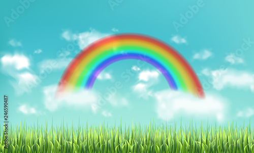 Colorful rainbow on sky background Vector realistic. Beautiful green meadow b...