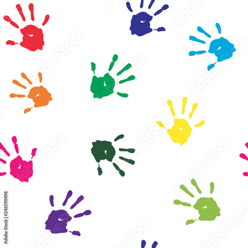 Bright kids hand prints background, rainbow seamless pattern, classic colorful backdrop, wrapping design © Julia