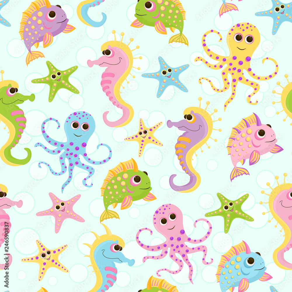 Obraz premium Seamless baby pattern with cute fish in ocean. Vector bright sea life illustration for kids. Seamless childrens background for wallpapers or textile.