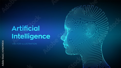 AI. Artificial intelligence concept. Ai digital brain. Abstract digital human face. Human head in robot computer interpretation. Robotics concept. Wireframe head concept. Vector illustration.