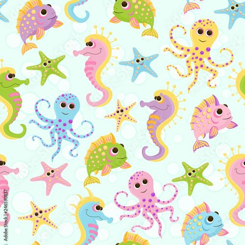 Seamless baby pattern with cute fish in ocean. Vector bright sea life illustration for kids. Seamless childrens background for wallpapers or textile. © Alena