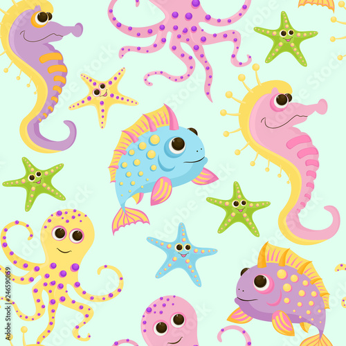 Seamless baby pattern with cute fish in ocean. Vector bright sea life illustration for kids. Seamless childrens background for wallpapers or textile. © Alena