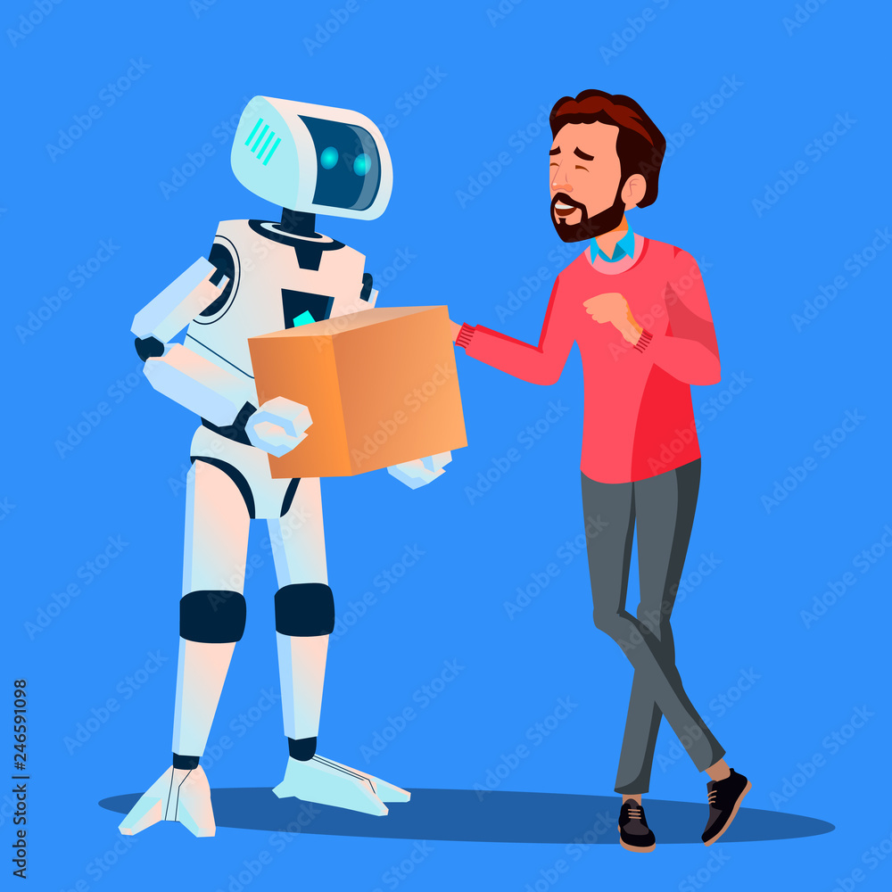 Robot Delivering Packages To Man Vector. Isolated Illustration Robot Delivering Packages To Man Vector. Isolated Illustration