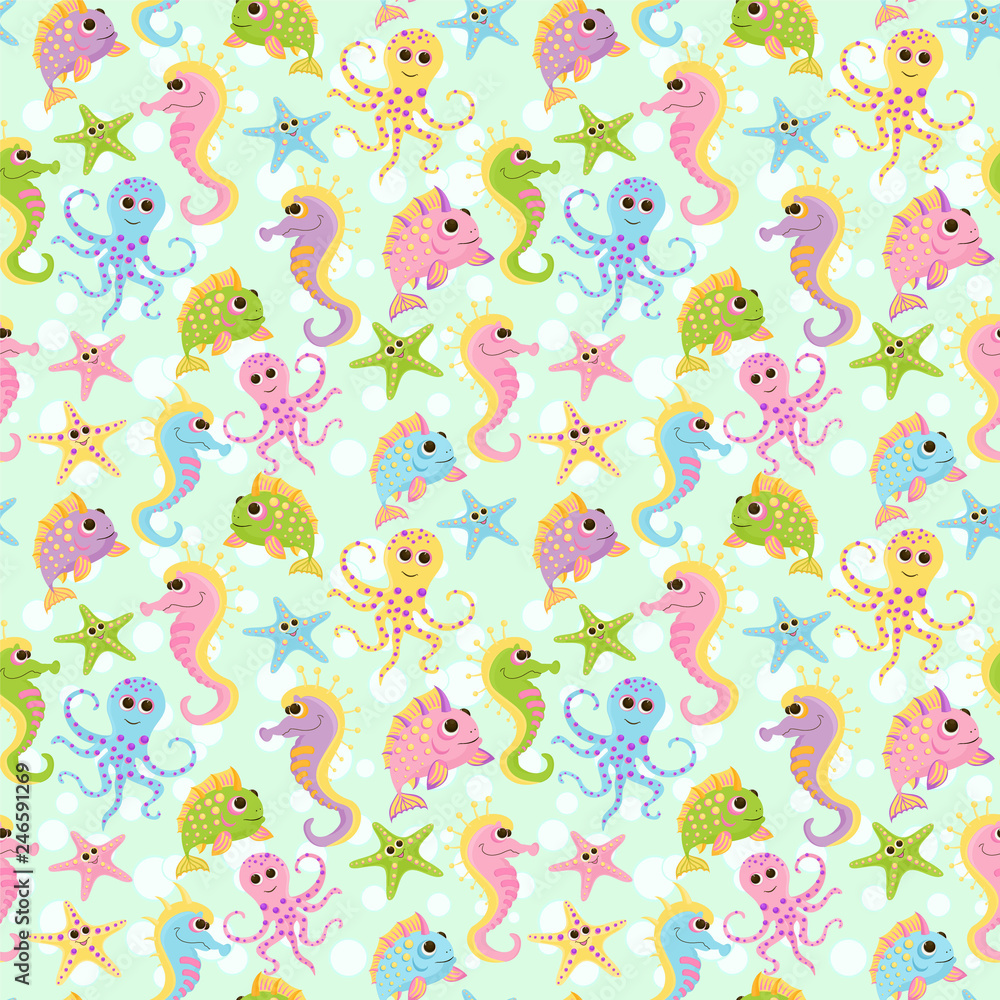 Seamless baby pattern with cute fish in ocean. Vector bright sea life illustration for kids. Seamless childrens background for wallpapers or textile. Seamless baby pattern with cute fish in ocean. Vector bright sea life illustration for kids. Seamless childrens background for wallpapers or textile.