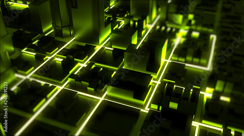 Neon glowing city rendering. 3D Rendering.