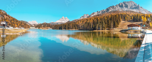 Panoramic view of the famous Misurina lake in Italian Dolomites mountains during autumn. Travel in Tyrol Alps concept